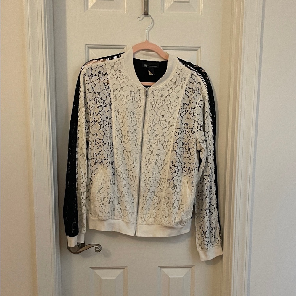 INC International Concepts Lace Bomber Jacket - White and Black